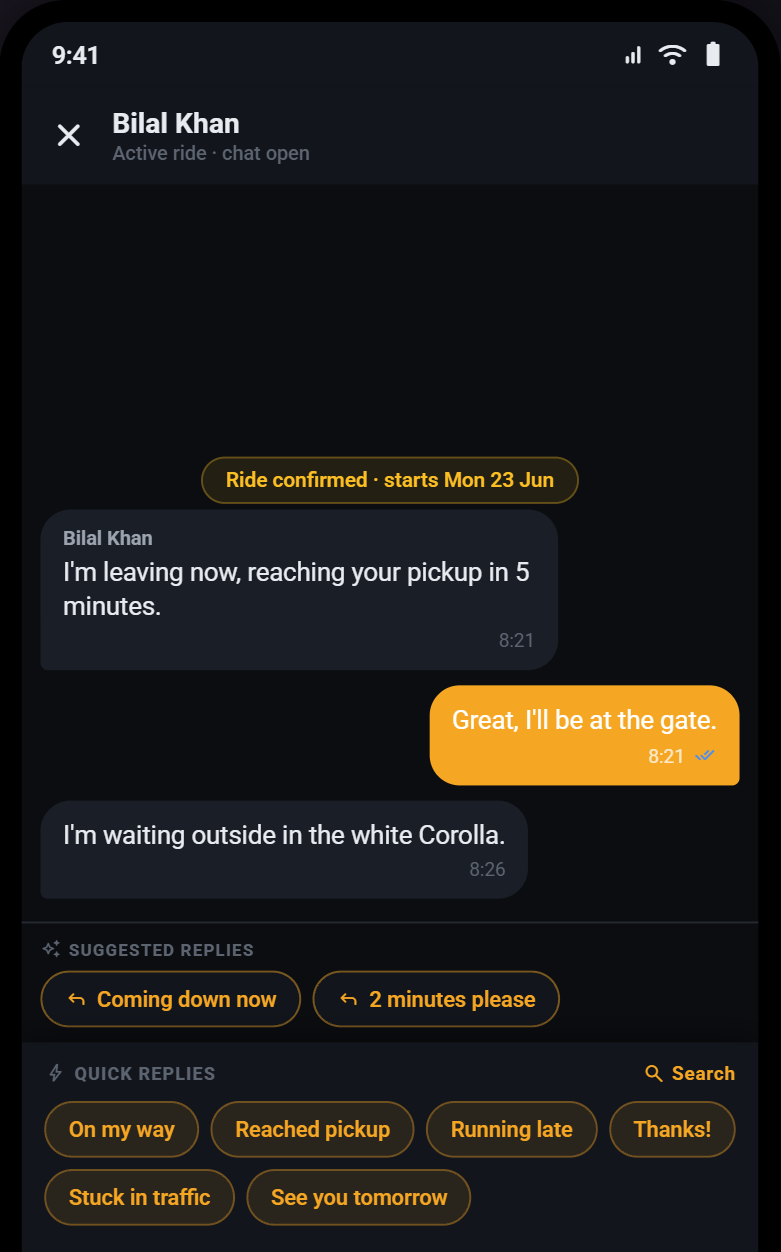 In-app chat with quick reply templates