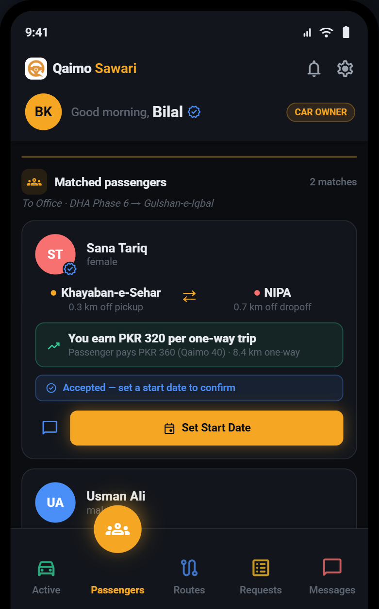 Car owner viewing matched passengers for empty seats
