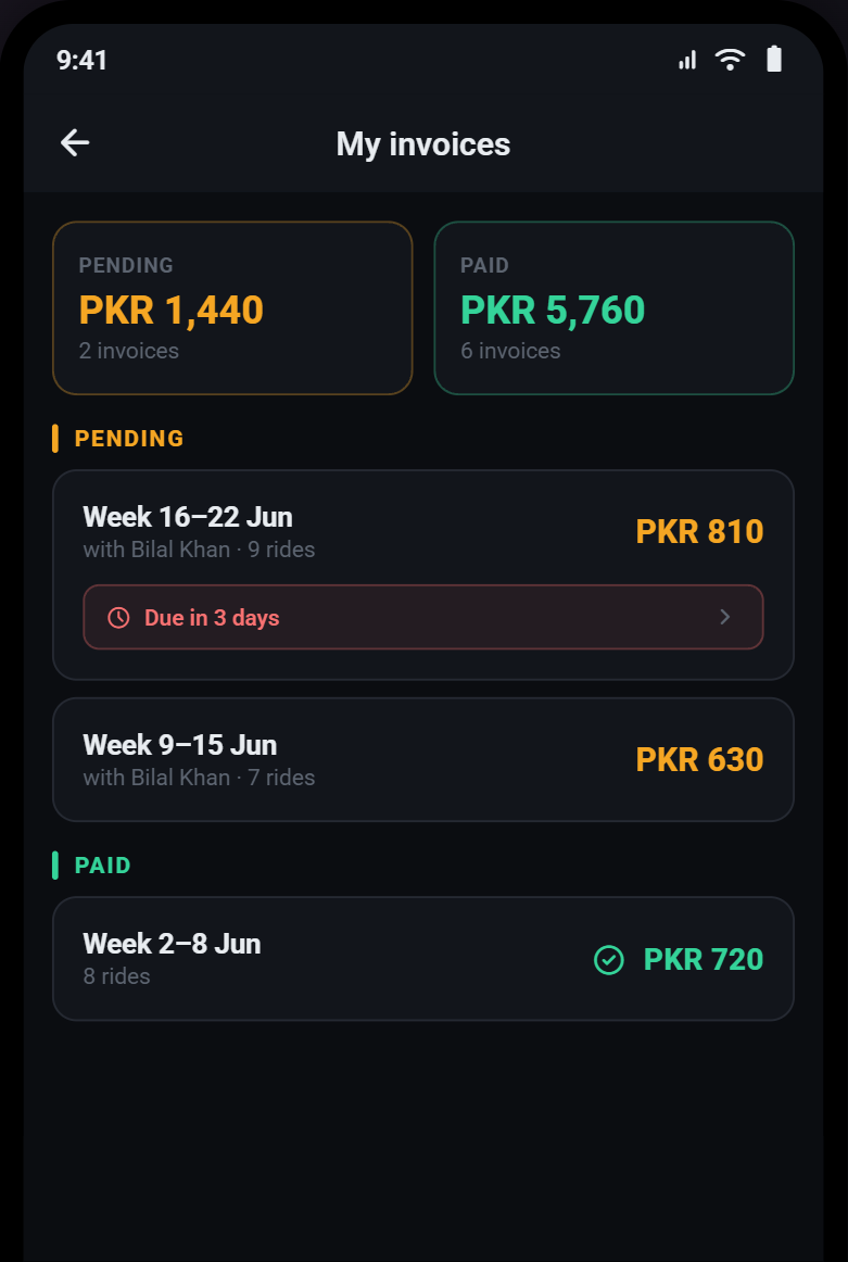 Passenger weekly invoices screen