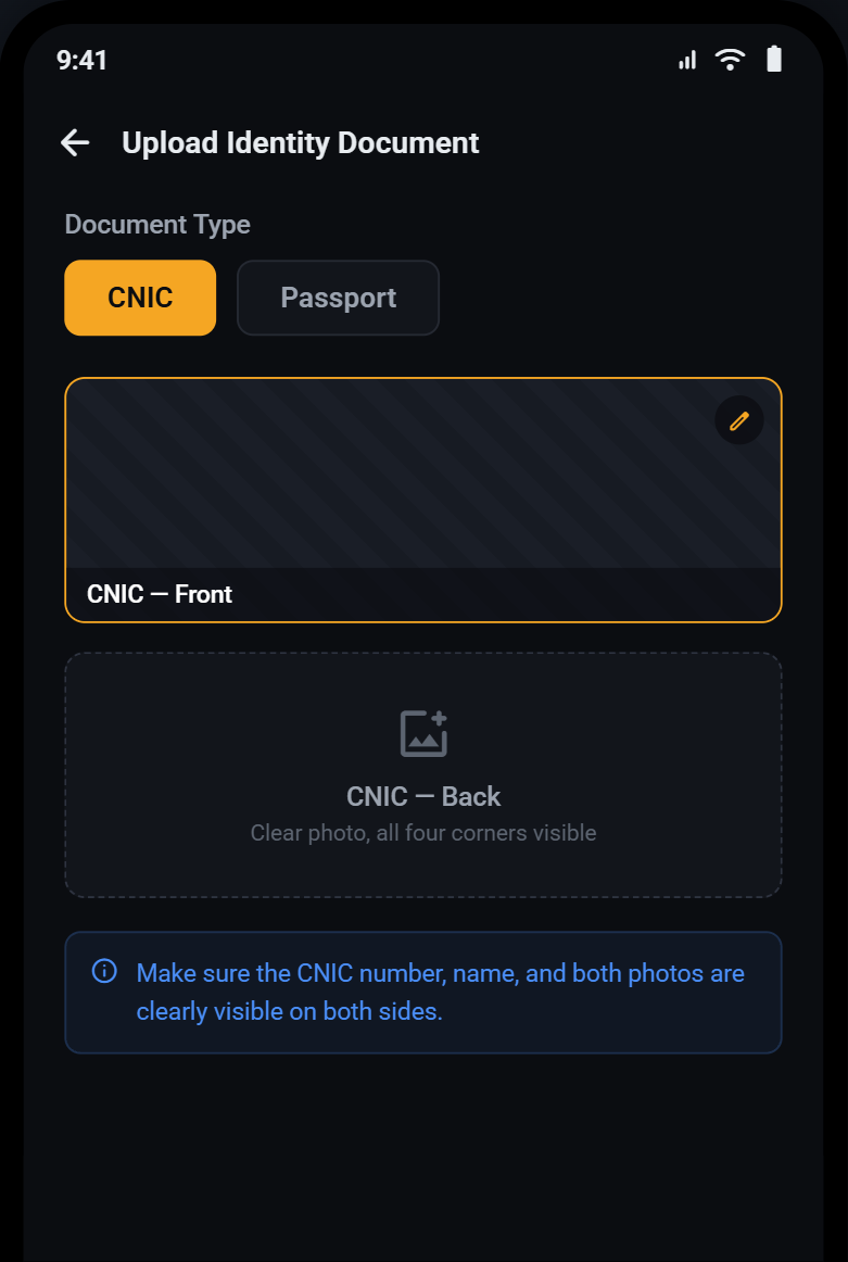 CNIC identity document upload screen
