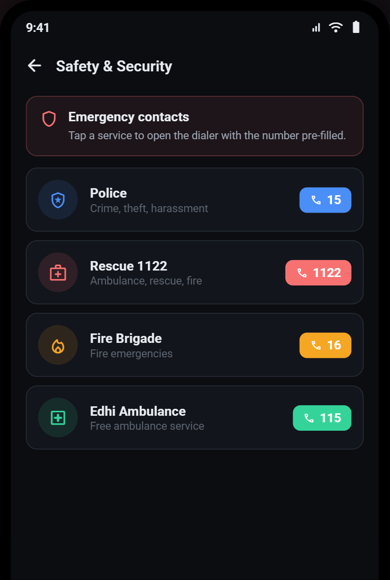 Emergency services quick dial screen