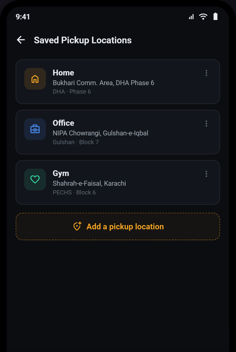 Saved pickup locations screen